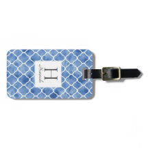 Fiskblått vattenfärg Quatrefoil Mönster Monogram