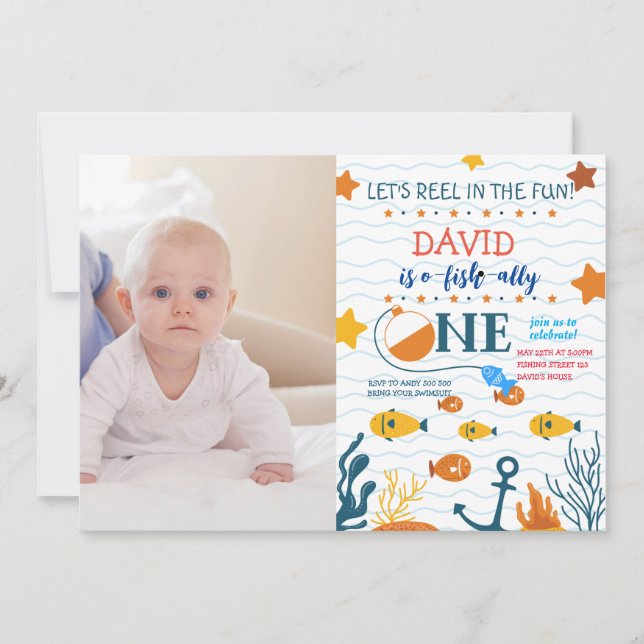 Fiske 1:a födelsedag: o-fish-ally Photo Bild Inbjudningar (Framsida)