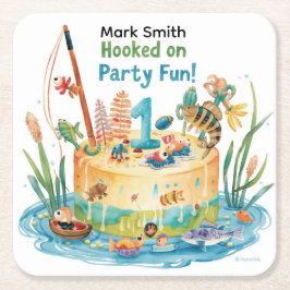 Fiske 1:a födelsedagen Party med kummeldesign Underlägg Papper Kvadrat