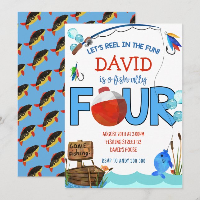 Fiske 4e födelsedagen Boy Party, O-fish-ally Inbjudningar (Fram/baksida)