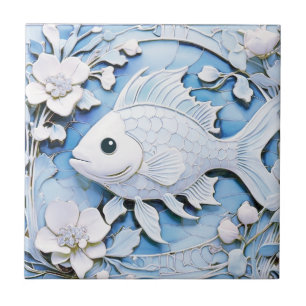 Fiske Art nouveau Faux Relief Blue Sea Ocean Life Kakelplatta