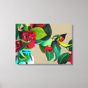 Fiske Art röd kamellia blommor vattenfärg original Canvastryck