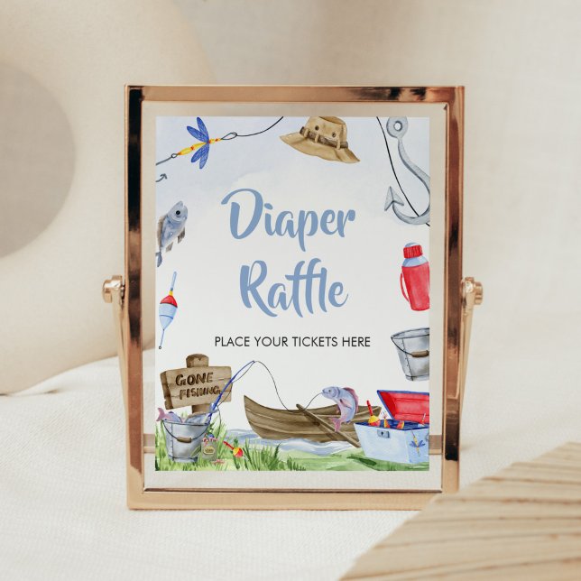 Fiske - babyskor - hårbotten poster (Little Fisherman Baby Shower Diaper Raffle SIgn)