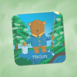 Fiske Bear Kid Blue Grönt Sticker Fyrkantigt Klistermärke