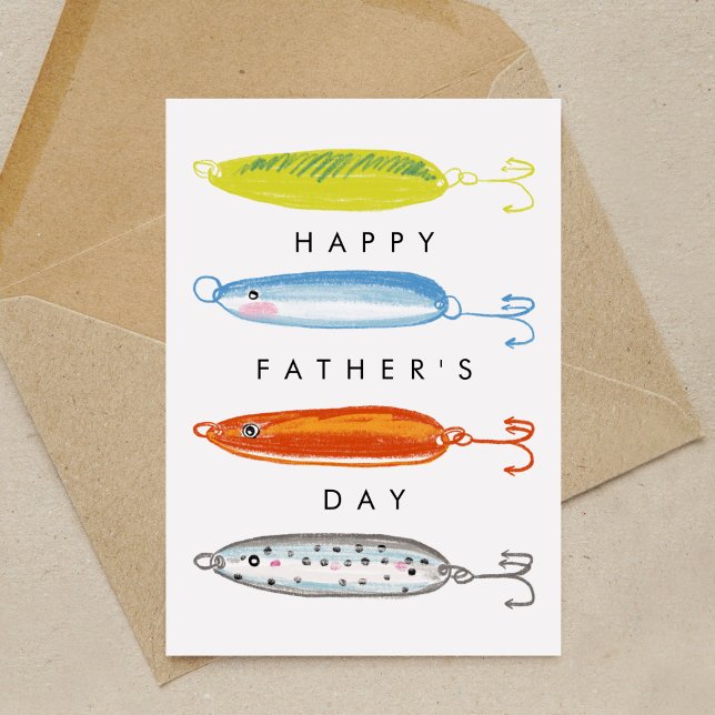 Fiske beten Glad fars dag Kort (Fishing bait illustration Happy Father's Day greeting card.)