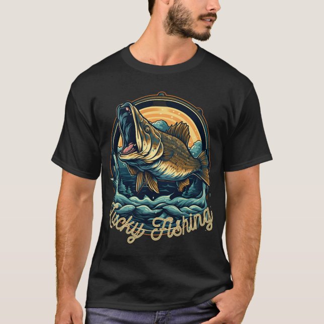 Fiske blå fisk lyckligt fiske t shirt (Framsida)