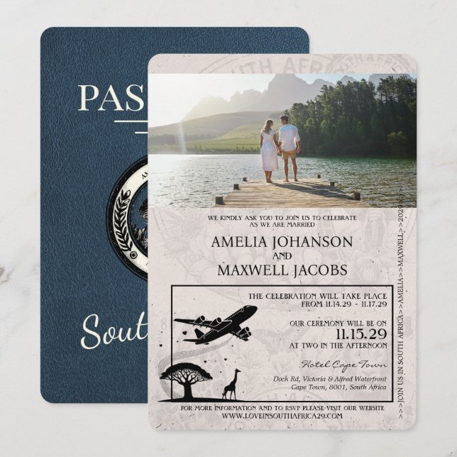 Fiske Blue South Afrika Passport Bröllop Inbjudningar (Fram/baksida)