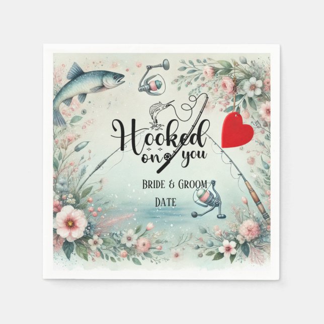 Fiske efter Älskare bröllop med stav och blommor Pappersservett (Framsidan)