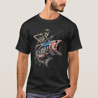 Fiske efter amerikansk Flagga Bass Fish Skull Skel T Shirt