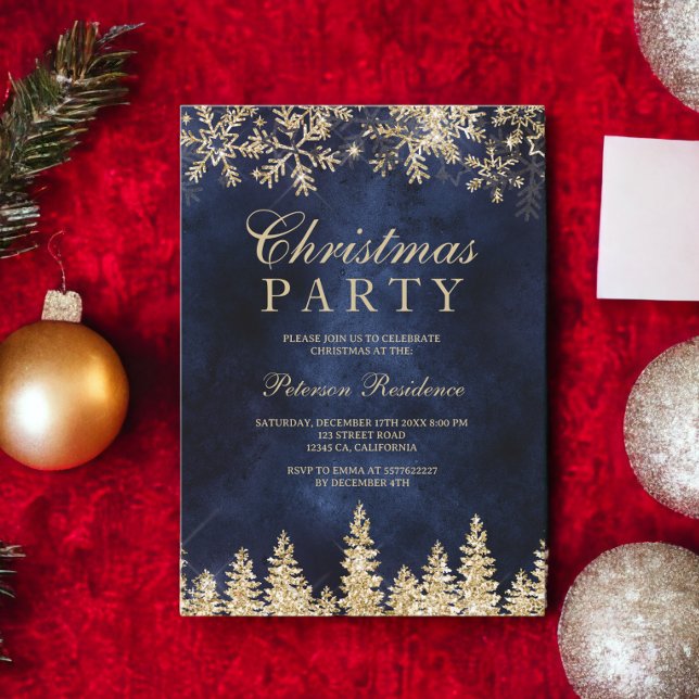 Fiske efter blått chic i marinen guld i snö, jul,  inbjudningar (gold snow pine navy blue chic corporate Christmas Invitation)
