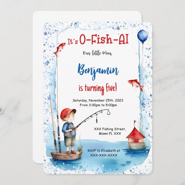 Fiske efter den femte födelsedagen inbjudningar (Fram/baksida)