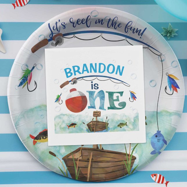 Fiske efter havskräfta 1:a födelsedag party pappersservett (Fishing themed paper napkins, boy 1st birthday, o fish ally one party supplies.)