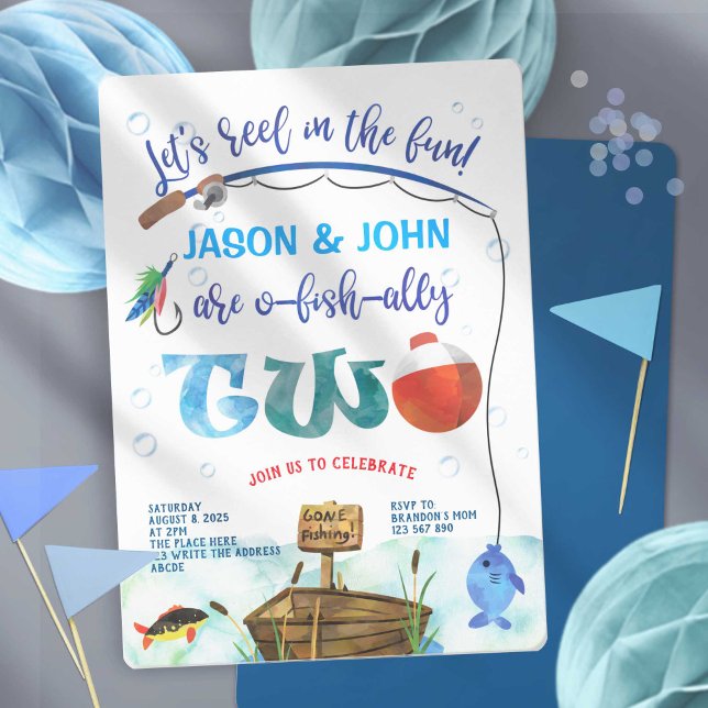 Fiske efter tema, O fiskallialt, Twin boy 2:a föde Inbjudningar (Twin boy 1st birthday, Little Fisherman, Gone fishing birthday invitations.)