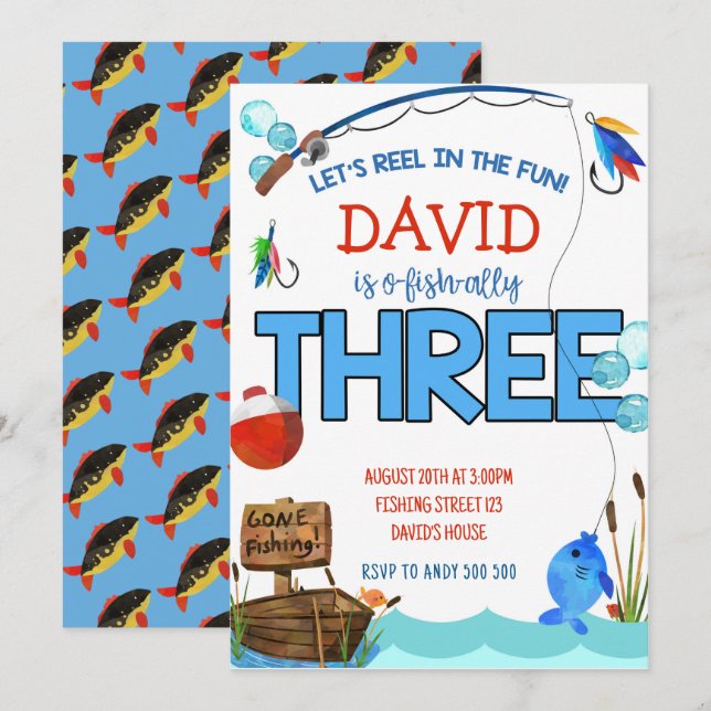 Fiske efter tredje födelsedag: ofiskat Party Inbjudningar (Fram/baksida)