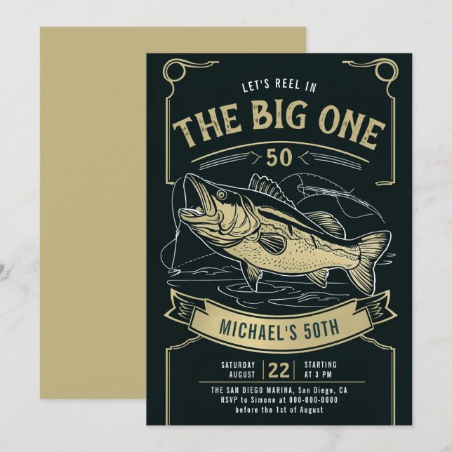 Fiske Fiskefartyg Reel Black Guld Manar 50:e födel Inbjudningar (Fram/baksida)