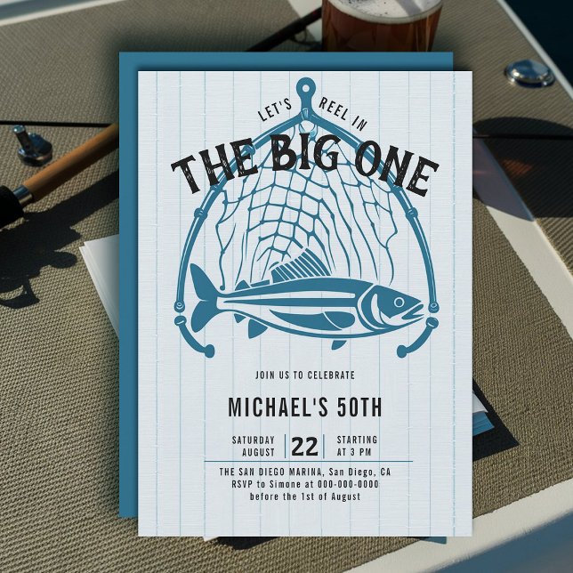 Fiske - fisknät - blåa Avslappnader Roligt Manar 5 Inbjudningar (fishing 50th birthday invitation men big one fish reel net elegant modern simple classy)
