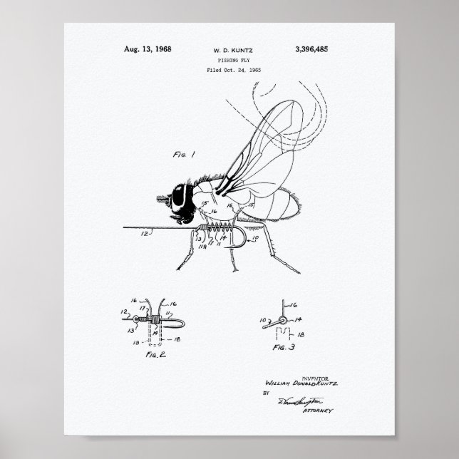 Fiske Fly 1968 Patent Art White Papper Poster (Framsidan)