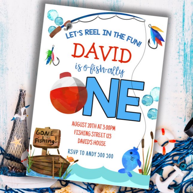 Fiske första födelsedag: ofiskad Party Inbjudningar (Gone fishing 1st birthday invitation for boys)