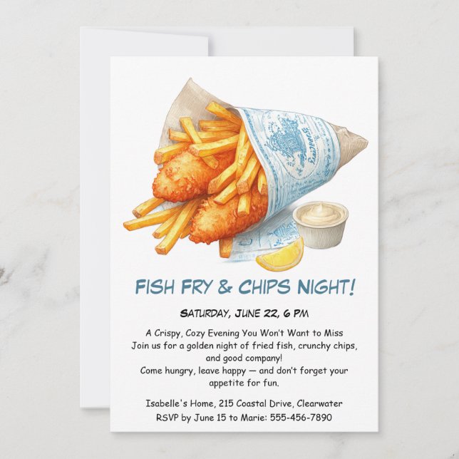 Fiske Fry & Chip - inbjudan till Avslappnad Seafoo (Framsida)