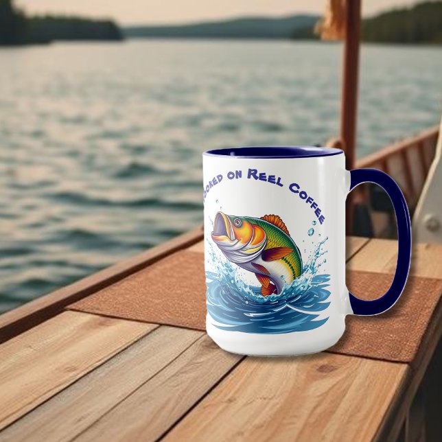 Fiske-funny-hokt på rullkaffe mugg (Fish-Funny-Hooked on Reel Coffee Mug)
