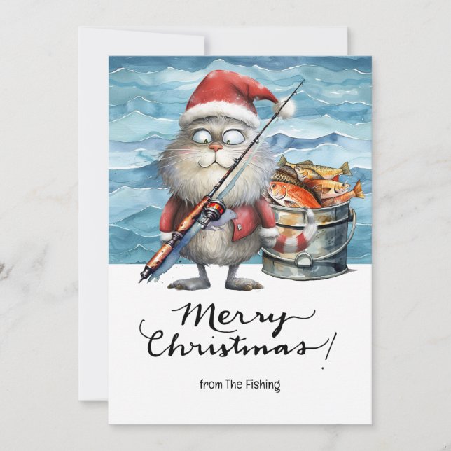 Fiske i Älskare Jul-Helgdag med Santa Cat Julkort (Framsida)