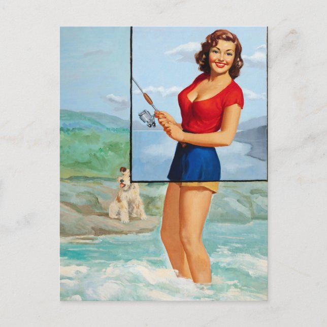 Fiske med Hund Pinup Vykort (Framsida)
