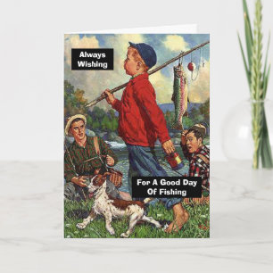 Fiske med Hund som önskar en Bra fiskedag Kort