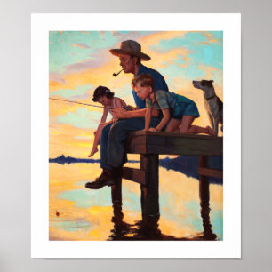 Fiske med Pappa. Skriv ut vintage Art Poster