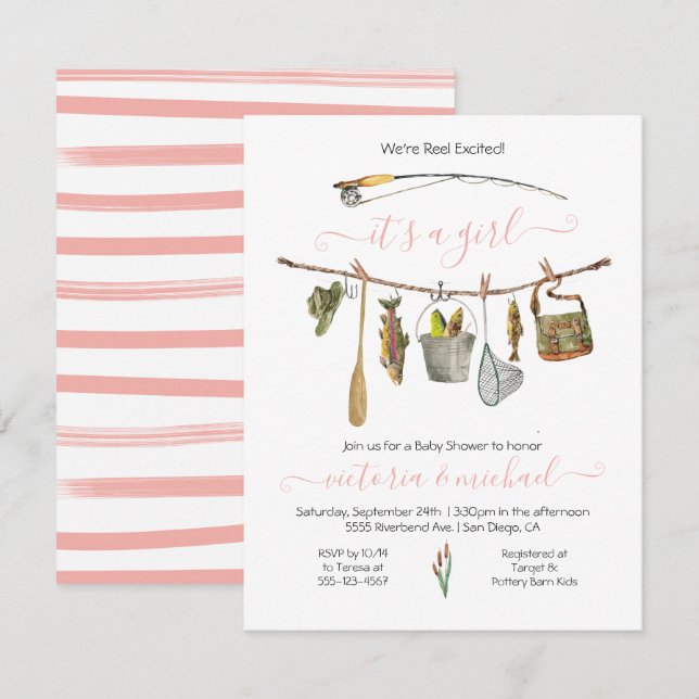 Fiske med Reel Baby Shower Clothesline Girl Inbjudningar (Fram/baksida)