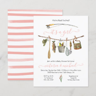 Fiske med Reel Baby Shower Clothesline Girl Inbjudningar
