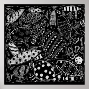 Fiske Mönster Black and White Modern Art Print Poster