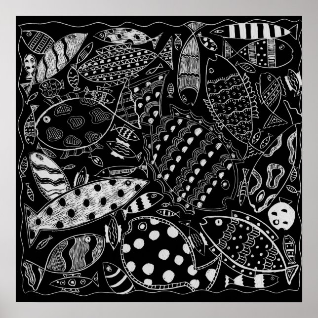 Fiske Mönster Black and White Modern Art Print Poster (Framsidan)