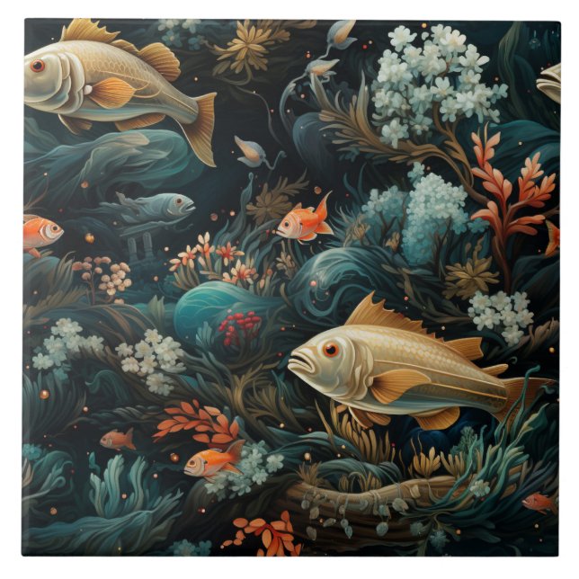 Fiske Mönster, Mörk blått havet, Dreamlike Kakelplatta (Framsidan)