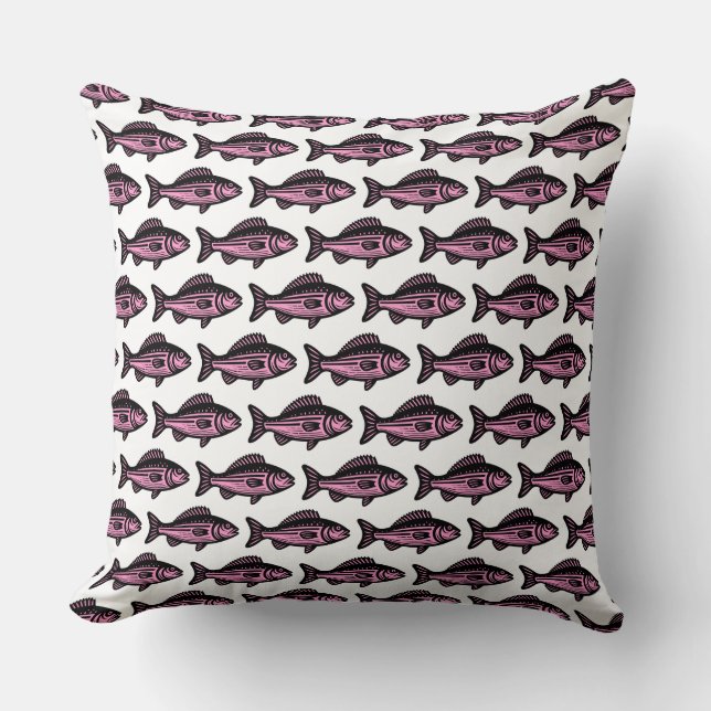 Fiske Mönster - Svarta och Rosa på vitt Kudde (Framsida)