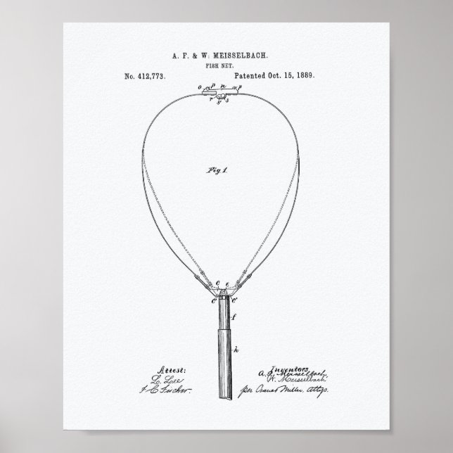 Fiske Net 1889 Patent Art White Papper Poster (Framsidan)