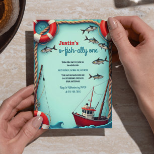 Fiske O-Fish-ally One Boys 1st Birthday Party Inbjudningar