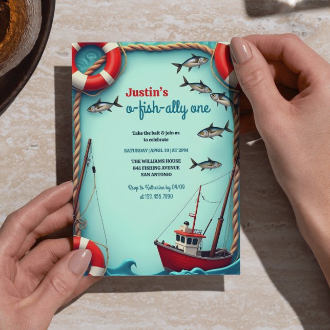 Fiske O-Fish-ally One Boys 1st Birthday Party Inbjudningar (O-Fish-ally One First Birthday Party Invitation – Fishing Theme for Boys)