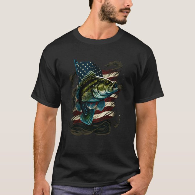 Fiske och en amerikansk Flagga Largemouth Bass T Shirt (Framsida)