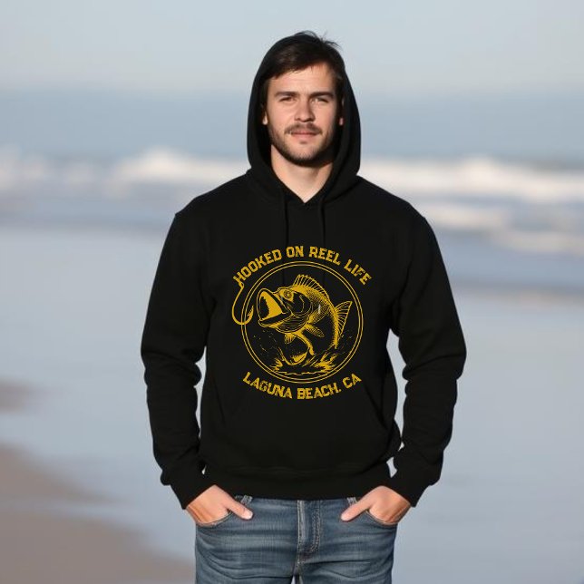 Fiske på Reel Life Hoodie (Fish Hooked on Reel Life Black and Gold Hoodie)