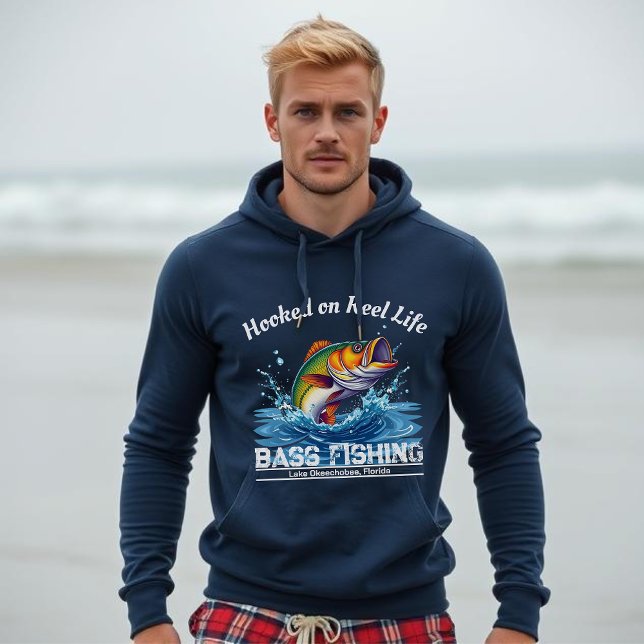 Fiske på Reel Life Hoodie (Bass Fishing Hooked on Reel Life Lake Fisherman Trend, for him, Father's Day Gift, Blue Hoodie, Fish)