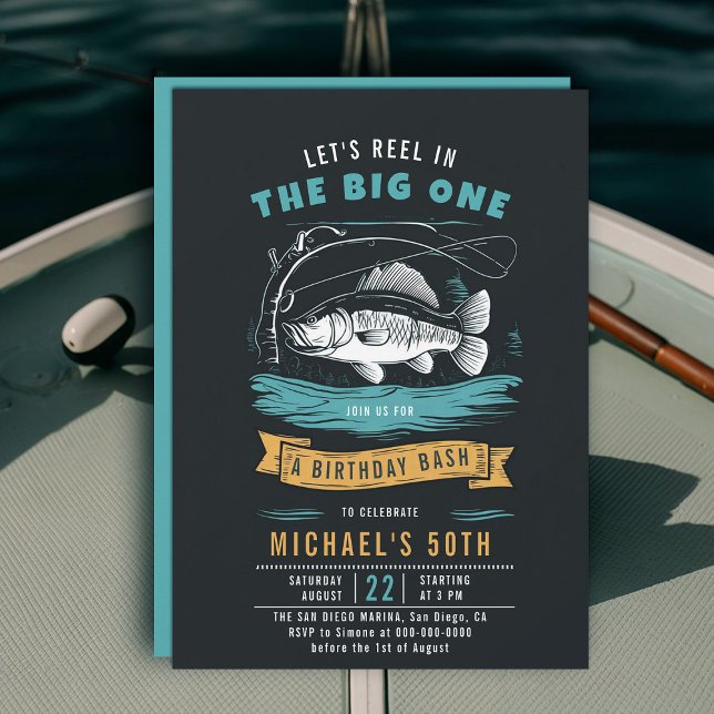Fiske Rel Blue Black Manar 50:e födelsedagen Inbjudningar (fishing 50th birthday invitation men big one fish reel rod elegant modern simple classy)