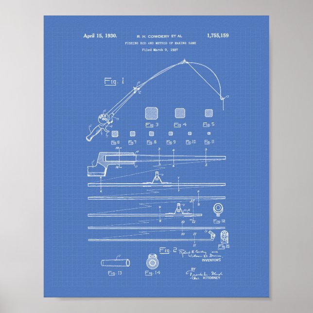 Fiske Rod 1930 Patent Art Blueprint Poster (Framsidan)