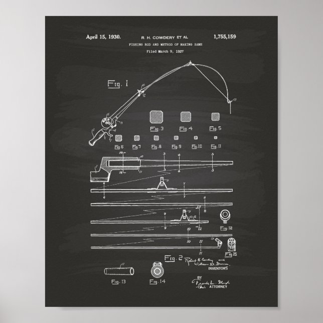 Fiske Rod 1930 Patent Art Chalkboard Poster (Framsidan)