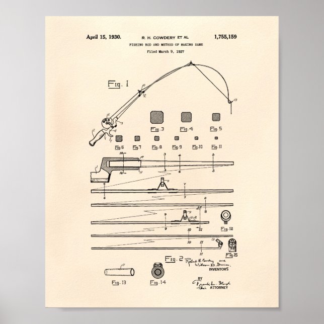 Fiske Rod 1930 Patent Art Old Peper Poster (Framsidan)