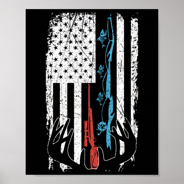 Fiske Rod Hunting Hjort American Flagga Poster (Framsidan)