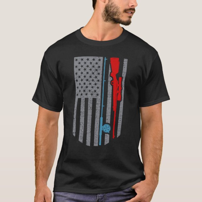 Fiske Rod Hunting Rifle American Flagga T Shirt (Framsida)