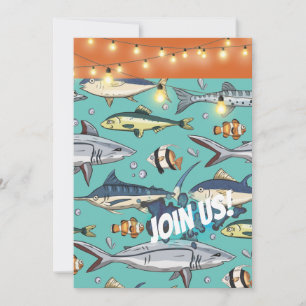 Fiske Swimming Beach Mural Birthday Bash Party Inbjudningar