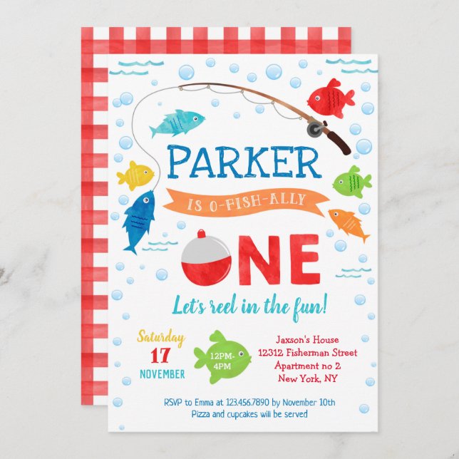 Fiske utanför fiskevatten - 1:a födelsedagsinbjuda inbjudningar (Fram/baksida)