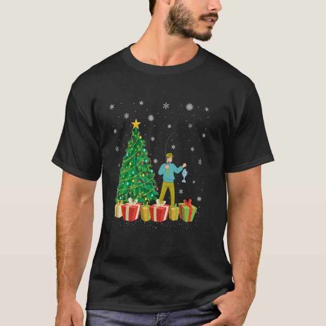 Fiske Xmas Träd Belysning Tomte Hatt Fiske Jul T Shirt (Framsida)
