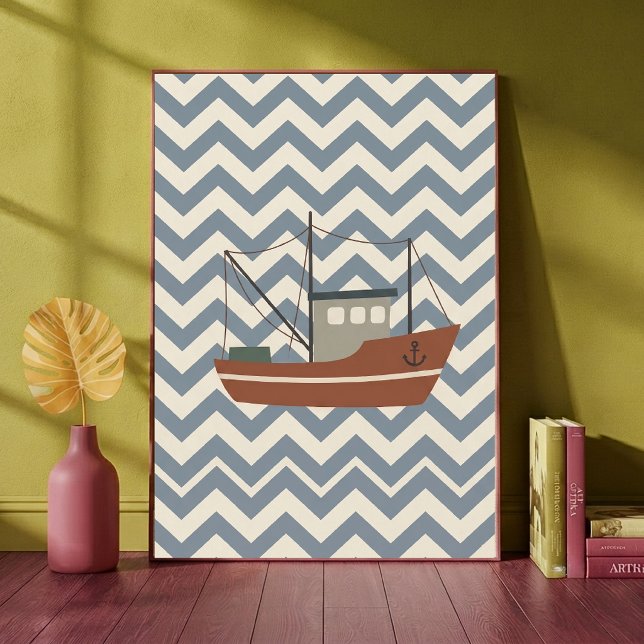 Fiskebåt Chevron Blå Pojkrums Konsttryck Poster (Skapare uppladdad)